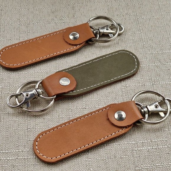Lot of 3 Keychains Dual Tone Olive/Brown Genuine Leather Handmade keys Holder - Picture 6 of 11